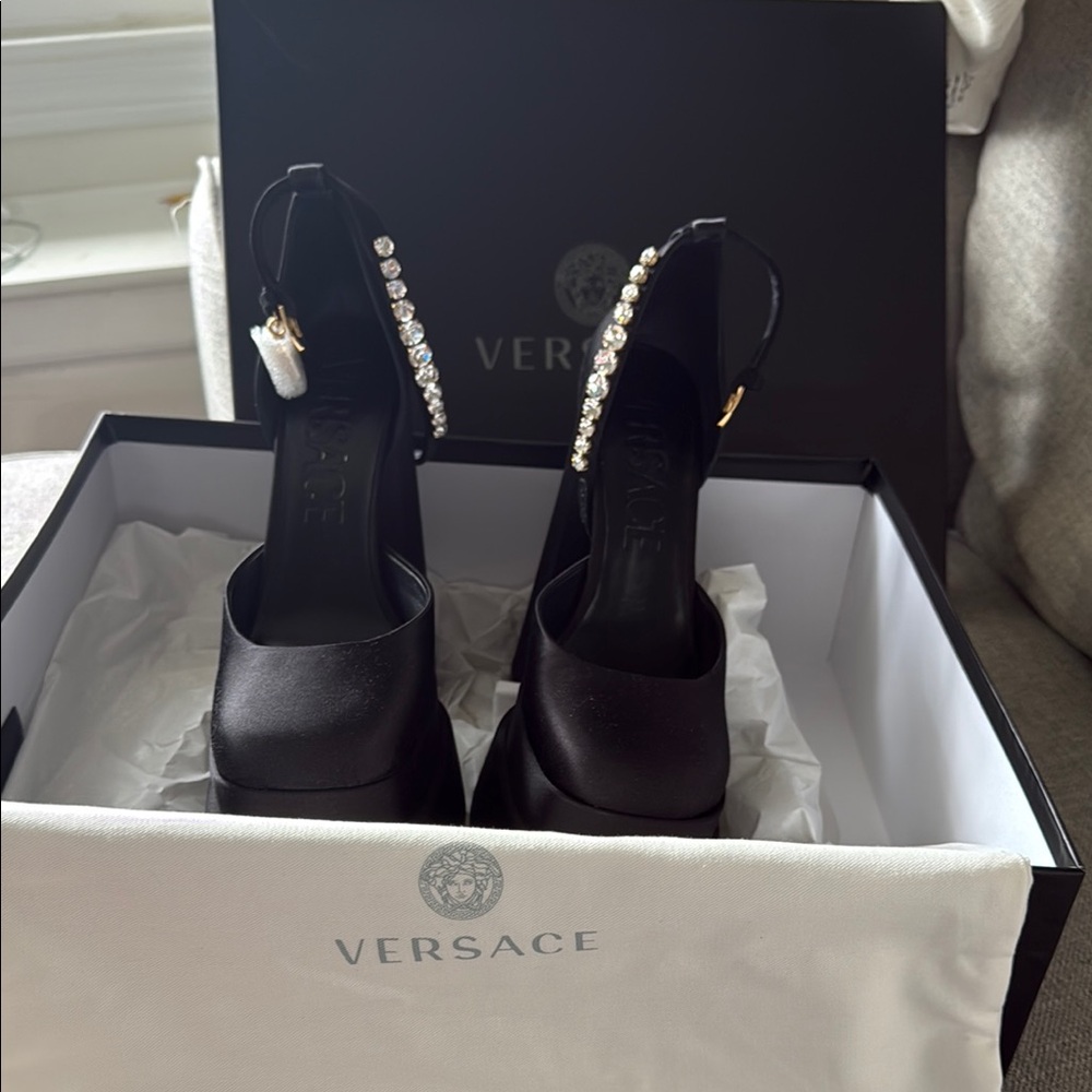 Versace Aevitas Platform Black Women's Shoes with Crystal Accents - Picture 3 of 9